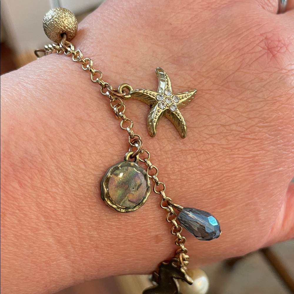 Gold Starfish Charm Bracelet with Blue Crystal and Abalone Disc - Women Jewelry